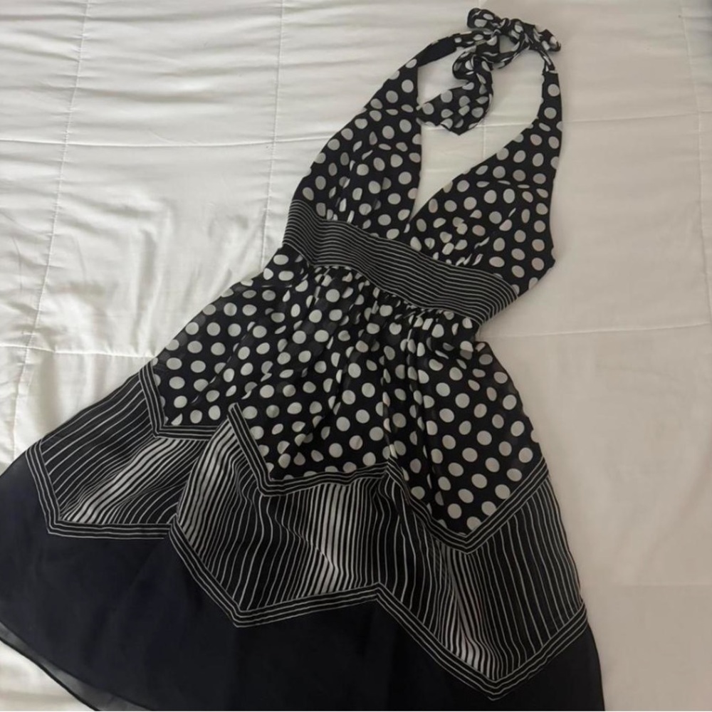 BCBGMaxAzria Black and White Polka Dot Halter Dress